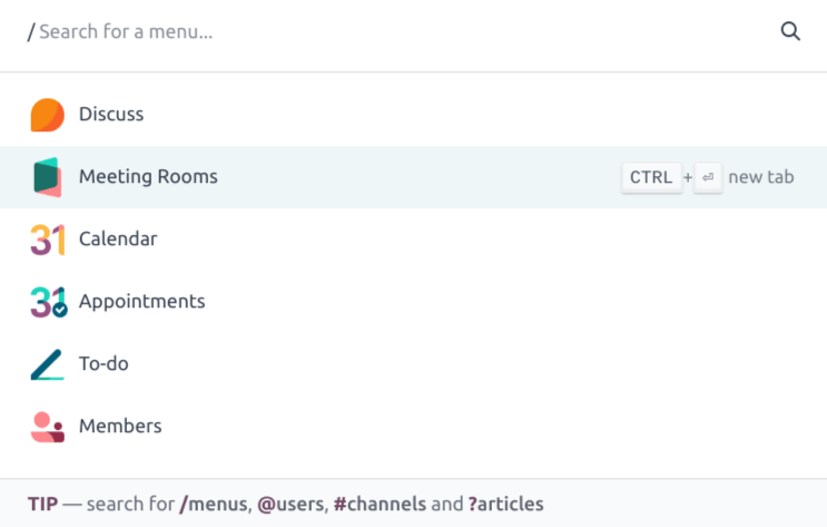 The command palette in WindoorERP, with the menu search option selected.
