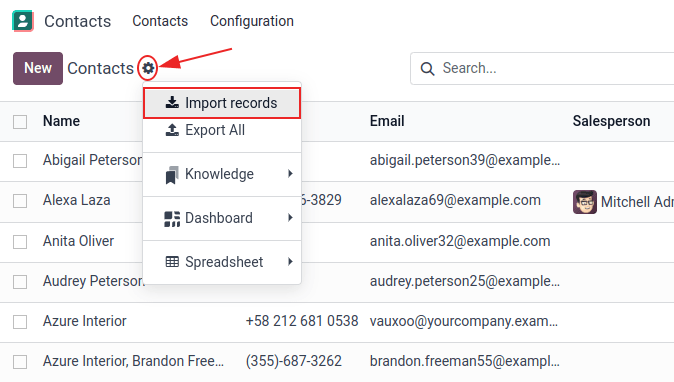 The Import records option in the Actions menu.