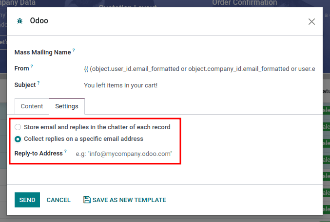 The email composer in mass mailing mode with reply-to highlighted.