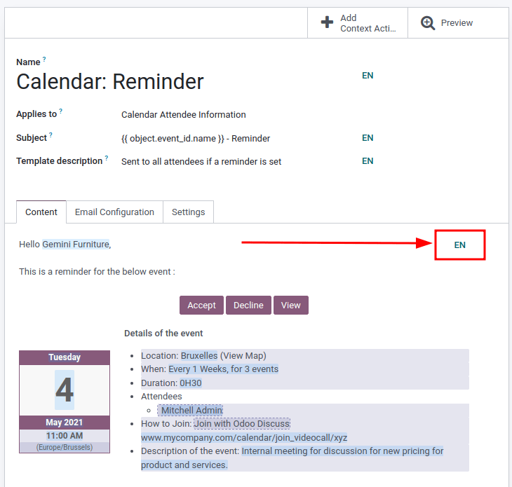 The language button on an email template.
