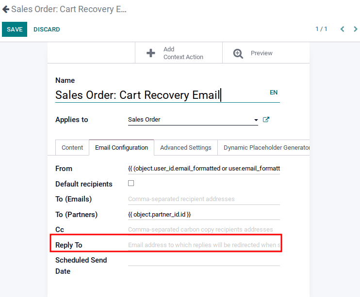 The Reply To field on an email template.
