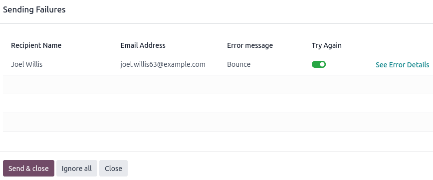 The sending failures dialog listing the failed recipient.