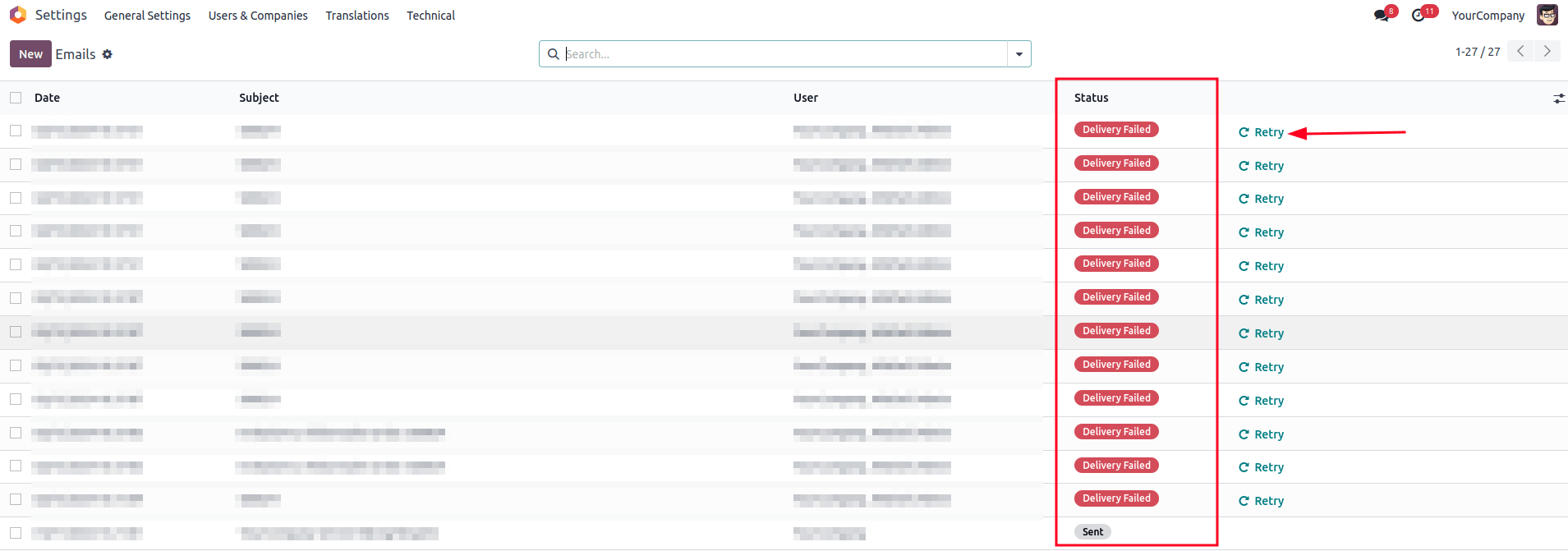 The technical email queue view.