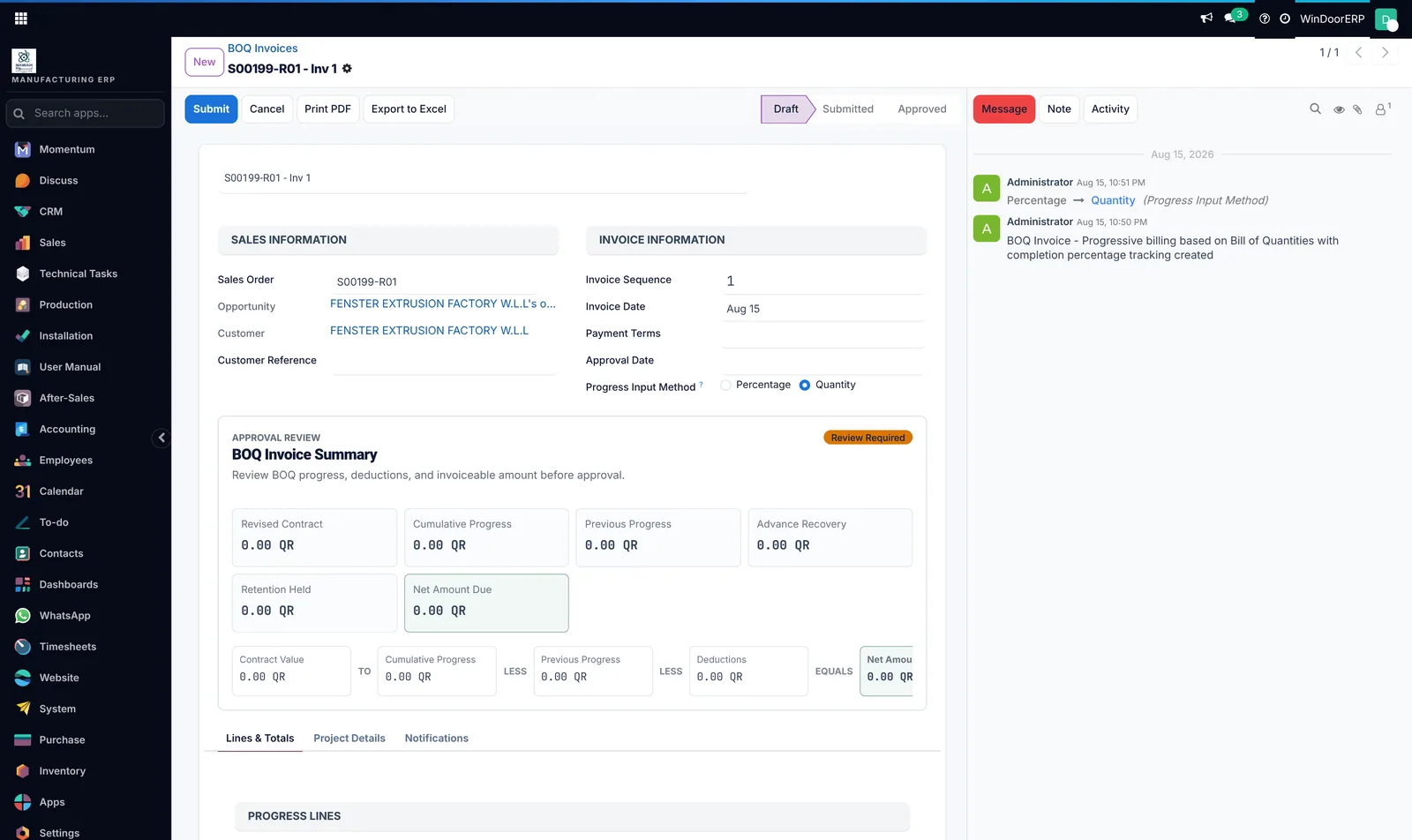 progress-based billing against the order, with the approval trail beside it