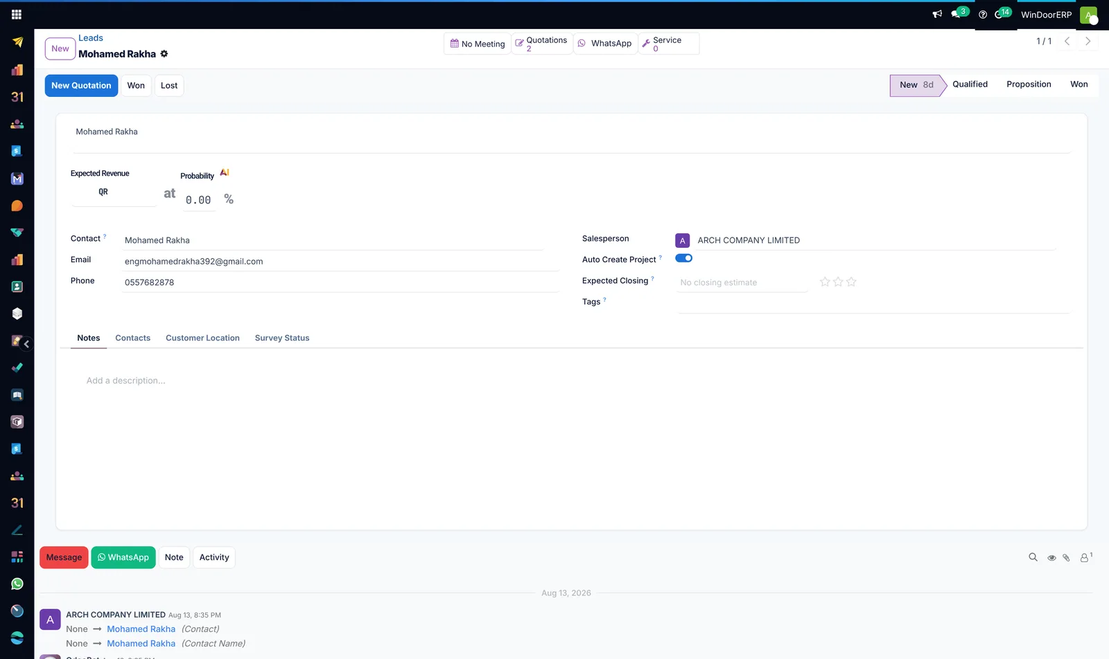 contact, salesperson, expected revenue, the site location and the survey status, plus a message button that reaches the customer where they already are