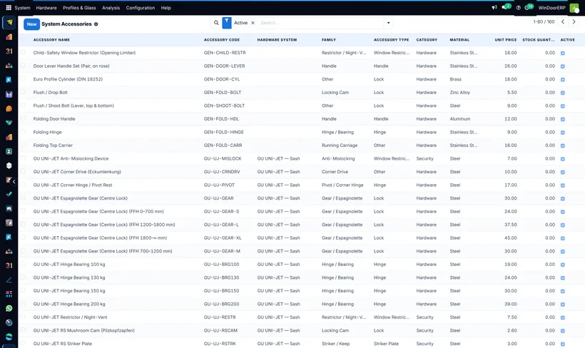 Hardware catalogue with codes, systems and prices
