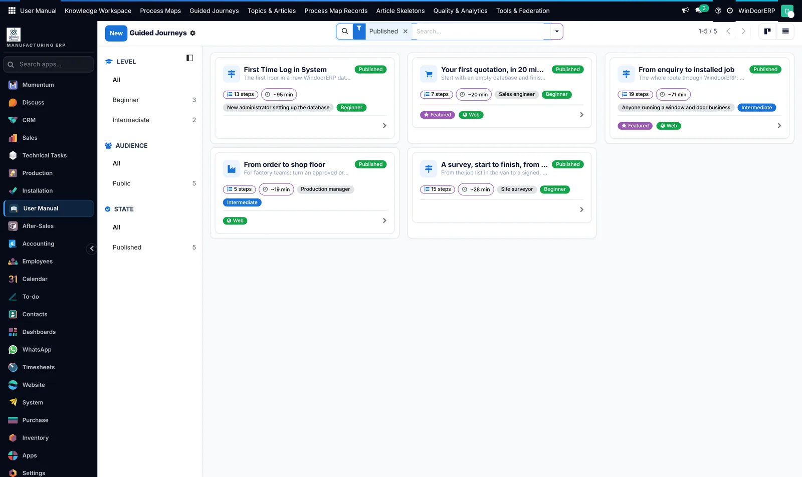 first login, your first quotation in twenty minutes, enquiry to installed job, order to shop floor, survey to finish — each with its own step count and audience