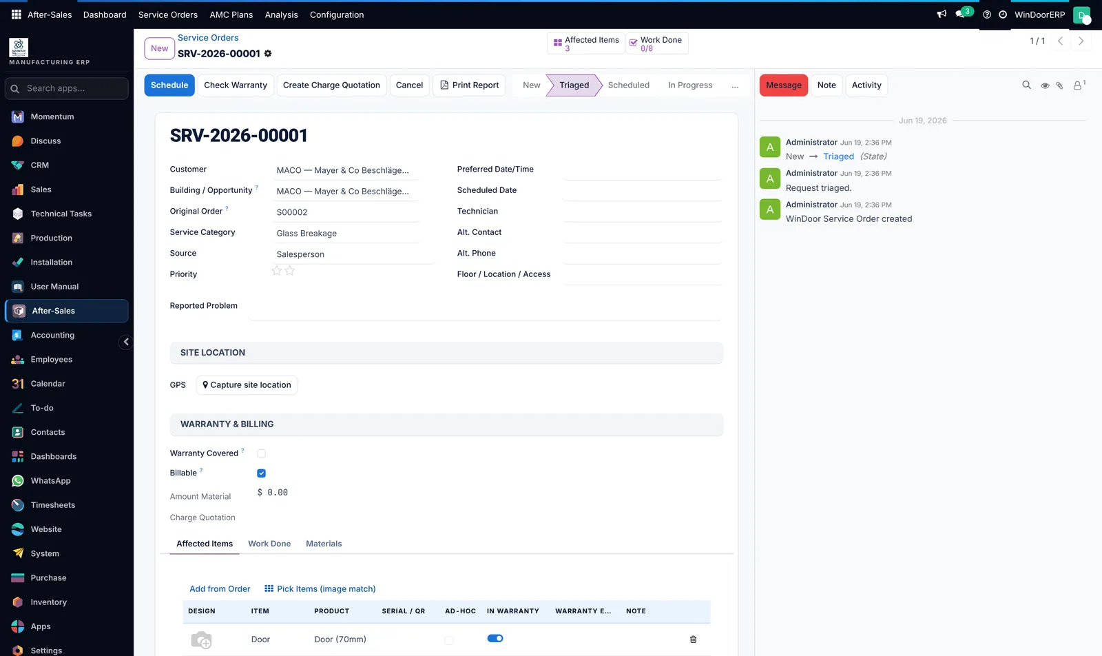 the reported problem, the site with its location, the warranty and billing decision, and the affected items picked straight from the original order